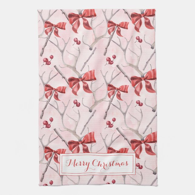 Christmas Pink Ribbons And Holly Berries Holiday K Kitchen Towel (Vertical)