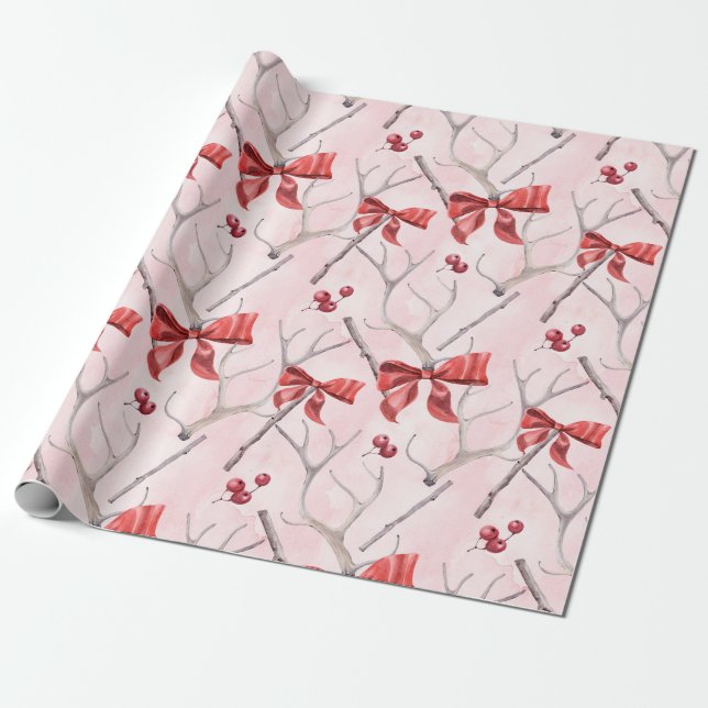 Christmas Pink Ribbons Holly Pattern Wrapping Paper (Unrolled)