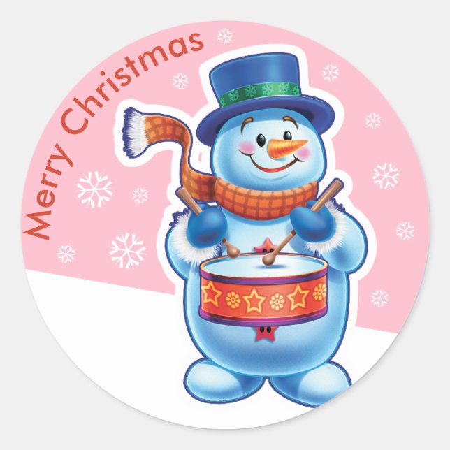 Christmas pink round sticker Snowman drummer. (Front)