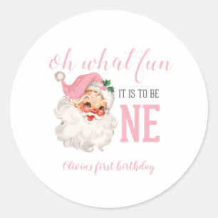 Christmas Pink Santa First Birthday Classic Round Sticker