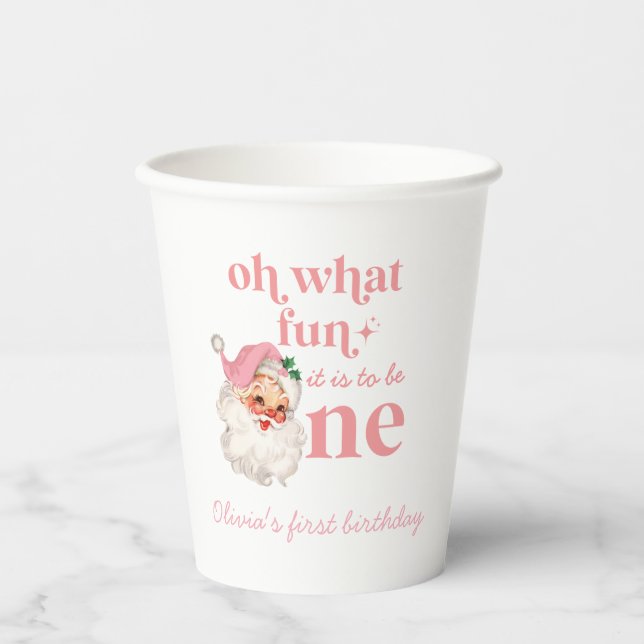 Christmas Pink Santa First Birthday Paper Cups (Front)