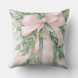 Christmas Pink Satin Ribbon Holly Greenery Throw Pillow