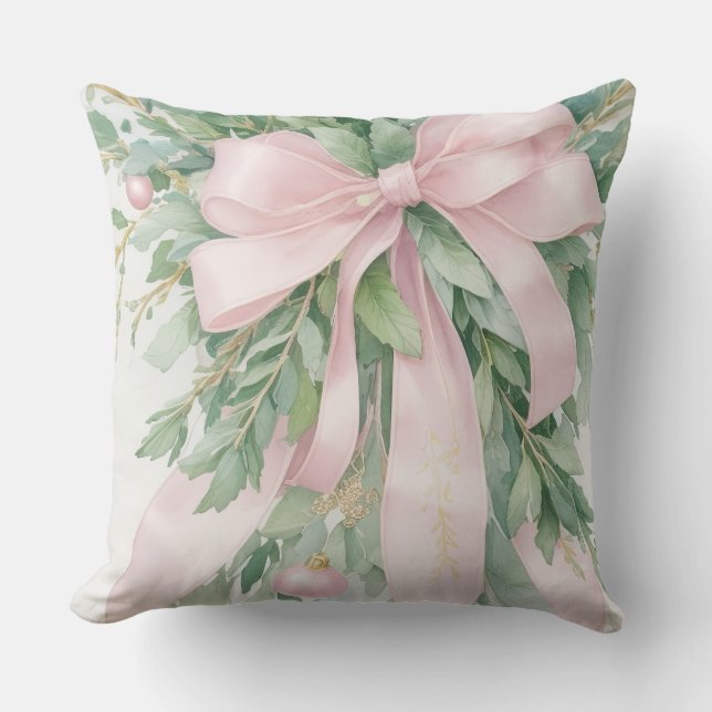 Christmas Pink Satin Ribbon Holly Greenery Throw Pillow (Front)