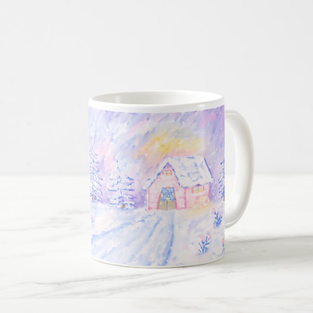 Christmas Pink Snowy Cabin Scene Illustration Mug (Front Right)