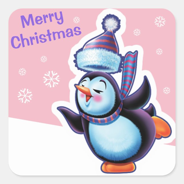 Christmas pink square sticker Penguin skating. (Front)