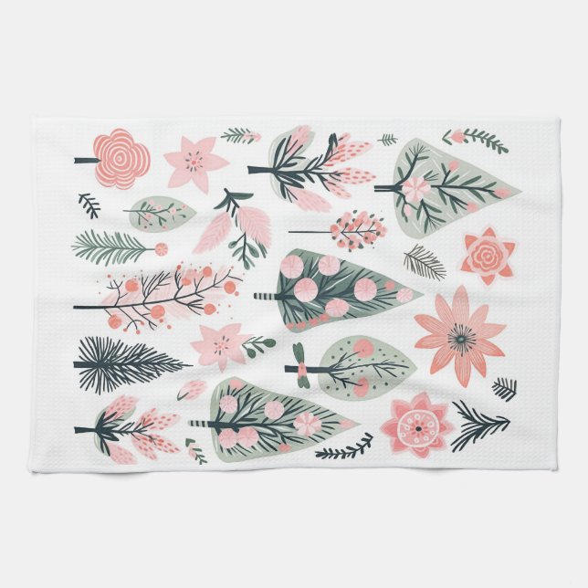 Christmas Pink Tree Abstract Doodles Kitchen Towel (Horizontal)