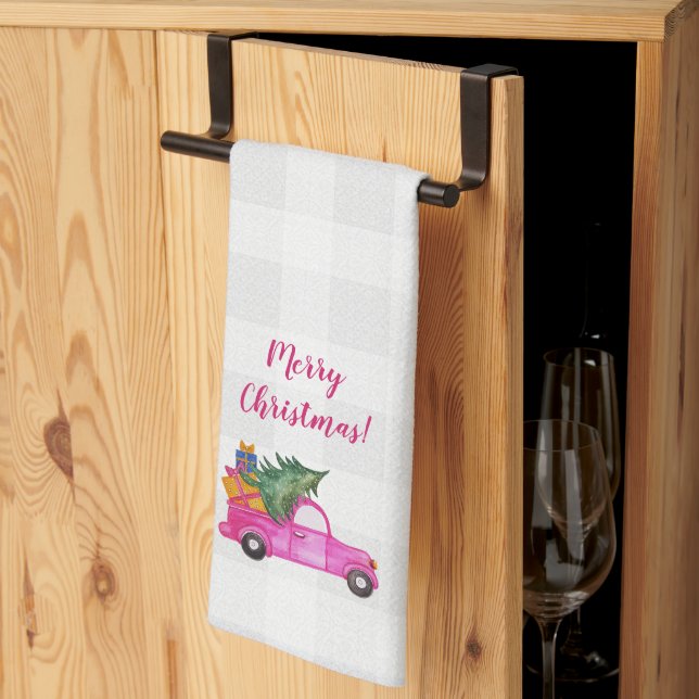 Christmas Pink Truck With Tree And Wishes Kitchen Towel (Thirds Fold)