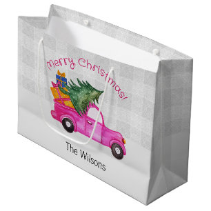 Christmas Pink Truck With Tree And Wishes Large Gift Bag