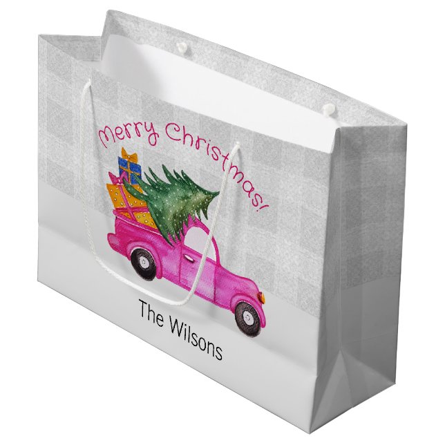 Christmas Pink Truck With Tree And Wishes Large Gift Bag (Front Angled)
