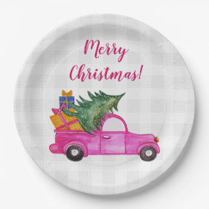 Christmas Pink Truck With Tree And Wishes Paper Plate