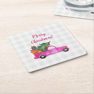 Christmas Pink Truck With Tree And Wishes Square Paper Coaster