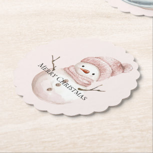 Christmas Pink White Snowman Paper Coaster