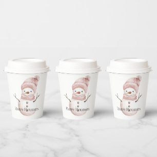 Christmas Pink White Snowman Paper Cups