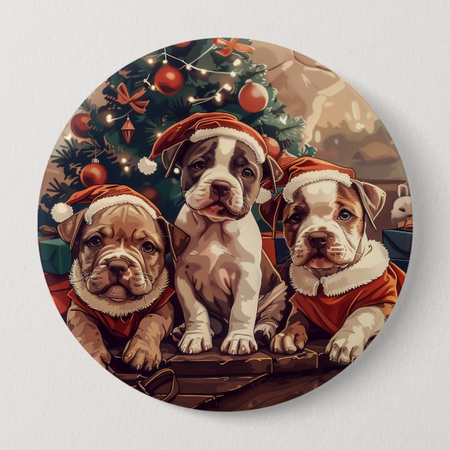 Christmas Pit Bull Puppy Dogs 4 Inch Round Button (Front)