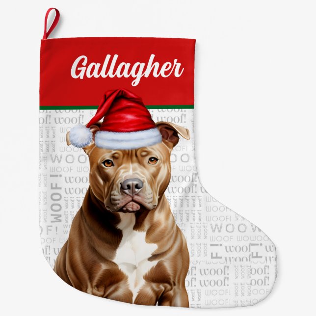 Christmas Pit Bull Terrier Name Woof Background Large Christmas Stocking (Front)