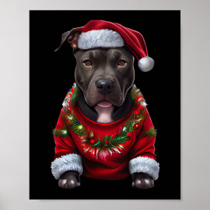 Christmas Pitbull Dog Wearing Xmas Santas Hat & Sw Poster