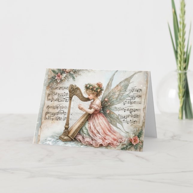 Christmas Pixie Fairy Playing a Harp Card (Front)