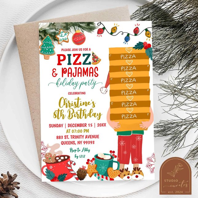 Christmas Pizza and Pyjamas Holiday Birthday Invitation (Creator Uploaded)
