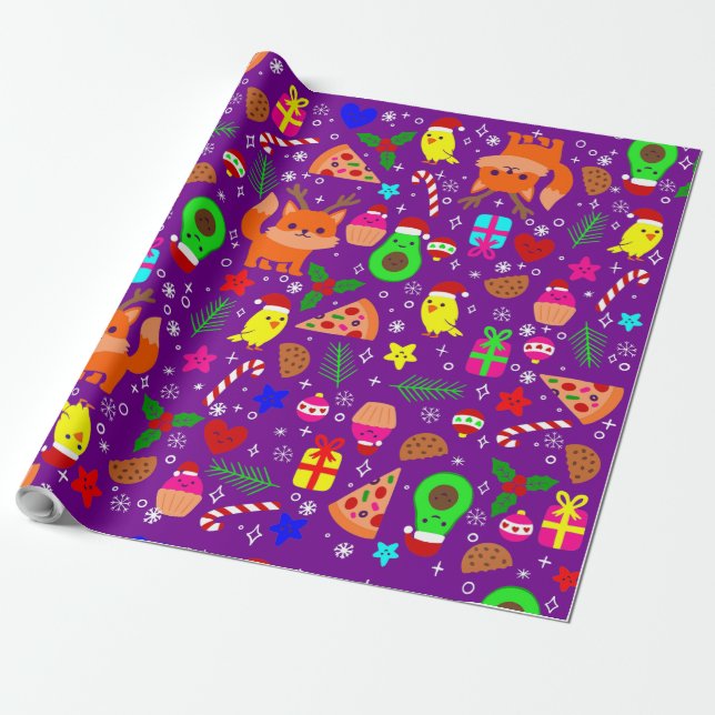christmas pizza chick bird avocado purple  wrapping paper (Unrolled)