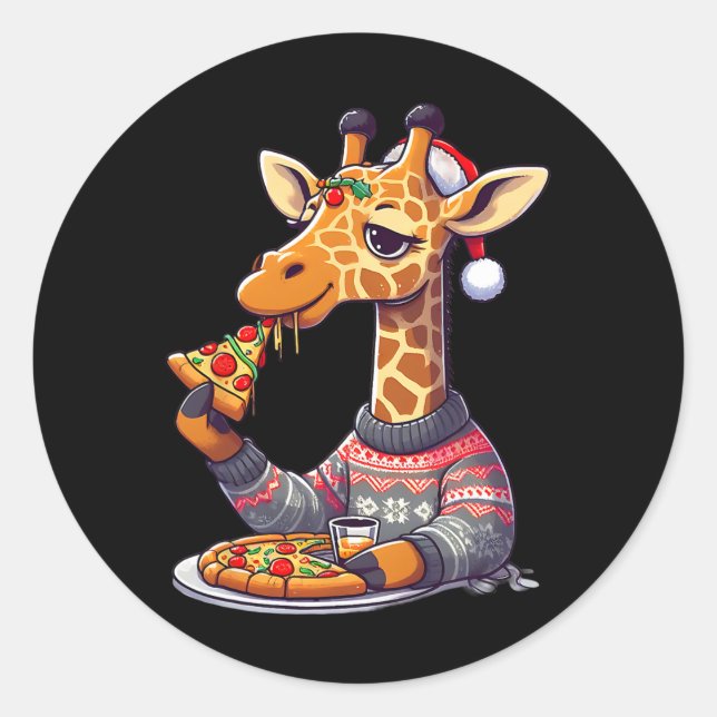 Christmas Pizza Giraffe  Classic Round Sticker (Front)