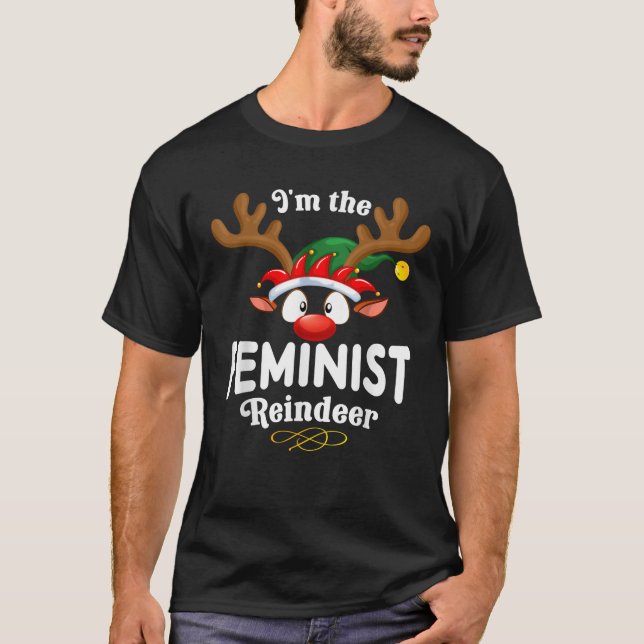 Christmas PJS Feminist XMas Reindeer Matching  T-Shirt (Front)