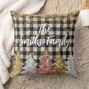 Christmas Plaid And Glitter Family Name Throw Pillow