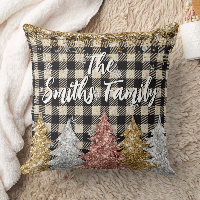 Christmas Plaid And Glitter Family Name Throw Pillow (Blanket)