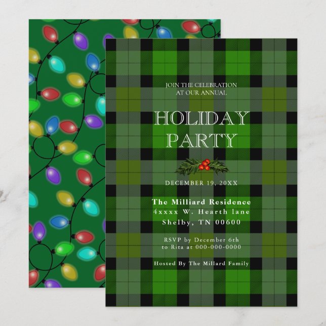 Christmas Plaid And Glowing Lights  Invitation (Front/Back)
