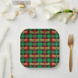 Christmas Plaid And Leaves Paper Plate