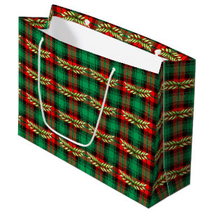 Christmas Plaid And Leaves Pattern Large Gift Bag