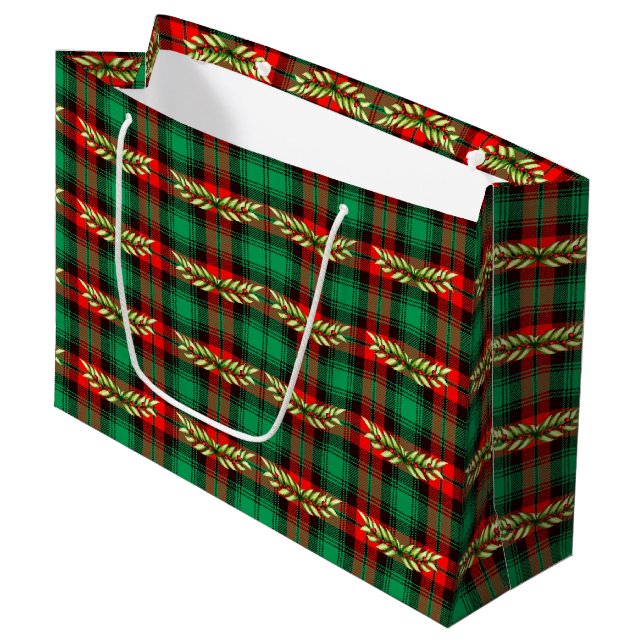 Christmas Plaid And Leaves Pattern Large Gift Bag (Front Angled)