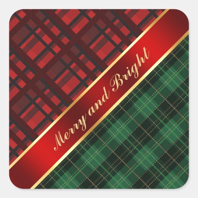 Christmas Plaid and Ribbon Green and Red Square Sticker (Front)