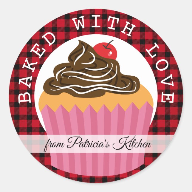 Christmas Plaid Baked With Love Classic Round Sticker (Front)