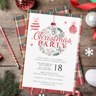 Christmas Plaid Baubles Script Festive Party Invitation