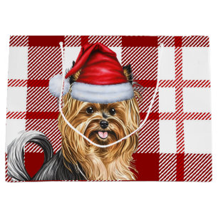 Christmas Plaid Biewer Terrier Dog Lover Holiday Large Gift Bag