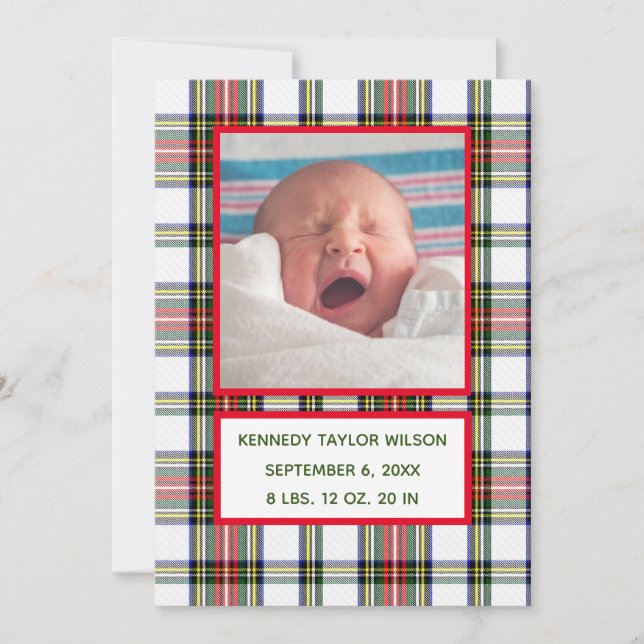 Christmas Plaid Birth Announcement Card (Front)