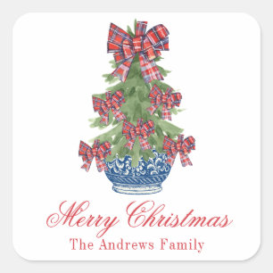 Christmas Plaid Bow Chinoiserie Topiary Tree Square Sticker