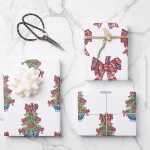 Christmas Plaid Bow Chinoiserie Topiary Tree Wrapping Paper Sheet