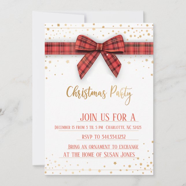 Christmas Plaid Bow Party  Invitation (Front)