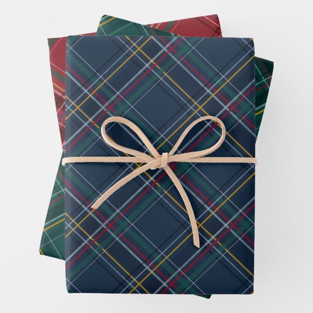 Christmas plaid coordinating red navy green wrappi wrapping paper sheet (In situ)