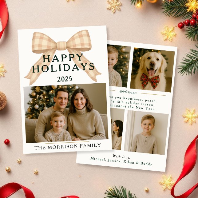 Christmas Plaid Coquette Photo Holiday Flat Card (Creator Uploaded)