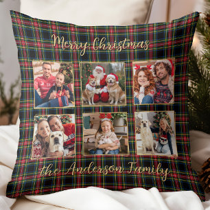 Christmas Plaid Custom Gold 6 Photo Collage Family Throw Pillow