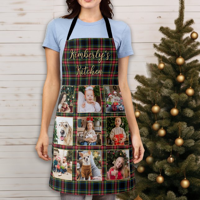 Christmas Plaid Custom Gold Photo Collage Family Apron (Creator Uploaded)