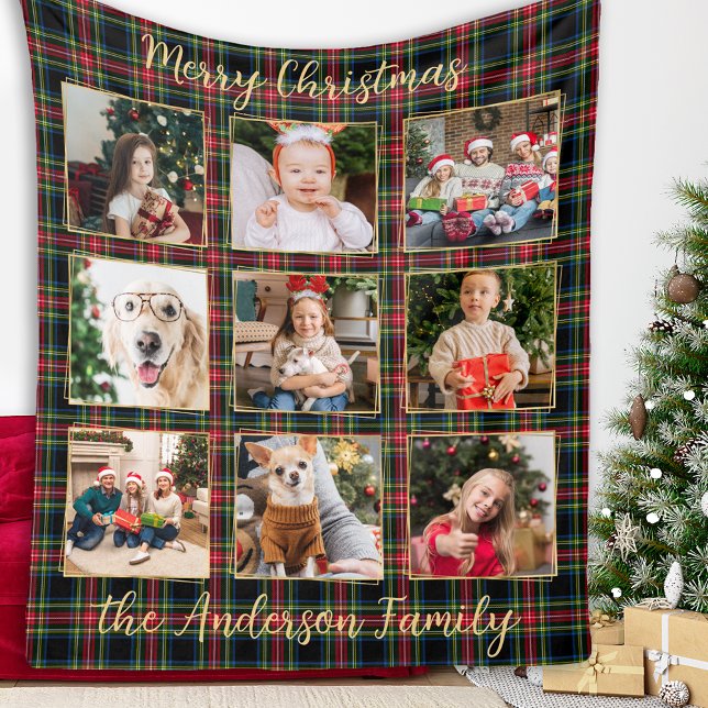 Christmas Plaid Custom Gold Photo Collage Family Fleece Blanket (Creator Uploaded)