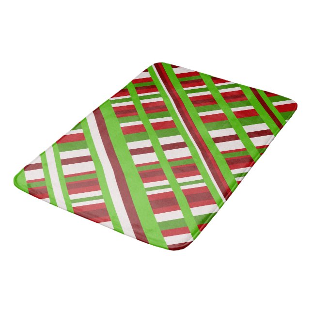 Christmas Plaid Diagonal in Red, Green and White Bath Mat (Angled)