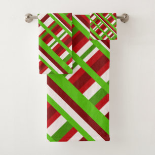 Christmas Plaid Diagonal in Red, Green and White Bath Towel Set