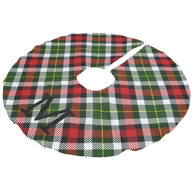 Christmas Plaid Family Monogram Initial Festive Faux Linen Tree Skirt (Angled)