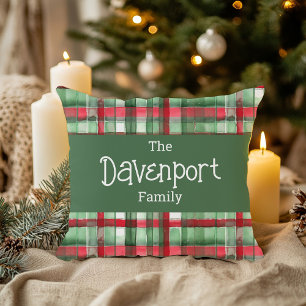 Christmas Plaid Family Name Throw Pillow