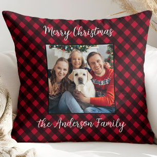Christmas Plaid Family Personalized Modern Photo  Throw Pillow