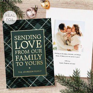Christmas Plaid Family Photo Green Luxury Gold Foil Holiday Card